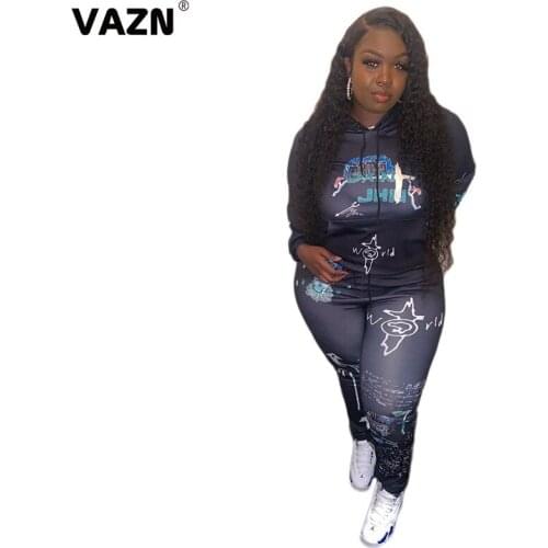 VAZN 2020 New Full Sleeve Hooded Letter Print Fitness Fashion Set Holiday Women Young Energetic Set Fashion Clothing Suit
