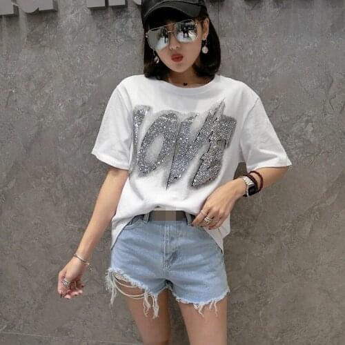 Summer New Arrival Short Sleeve O-Neck Pullover Womens T-Shirts Fashion Letter Diamonds Loose Casula Streetwear Female Tees Top