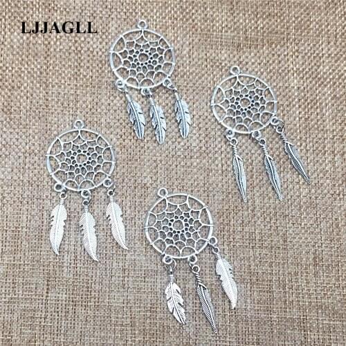 LJJAGLL Fit Earrings Neckalce Diy Metal 5pcs/lot Vintage Silver Tree Leaf Feather Wings Dream Catcher Pendant Charms DIY002