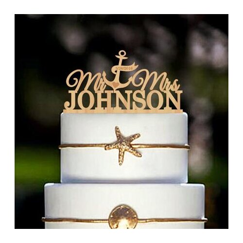 Personalize engrave anchor nautical beach rustic Wedding wooden Cake Toppers Couple Bride and Groom engagement party decorations