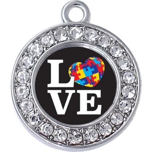 Popular crystal inlaid transparent enamel mirror metal autism symbol jewelry charm pendant