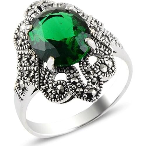 Silverlina Silver Emerald Zircon & Marcasite Ring