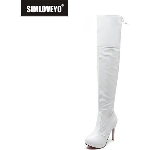 SIMLOVEYO 2021 Sexy Over The Knee Boots Patent Leather Velvet Round Toe Lace Up Zip Platform 11cm Thin Heel US12 White Red A4348