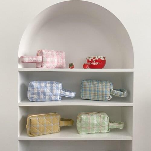 Kawaii Cotton Grid Makeup Bag INS Girls Candy Color Cosmetic Case Cosmetics Jewelry Storage Bag Cute Coin Bag Zipper Pouch