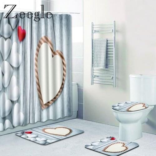 Zeegle 4PCS 180x180cm Romantic Love Pattern Shower Curtain Pedestal Rug Lid Toilet Cover Mat Bath Mat Set Bathroom Carpet