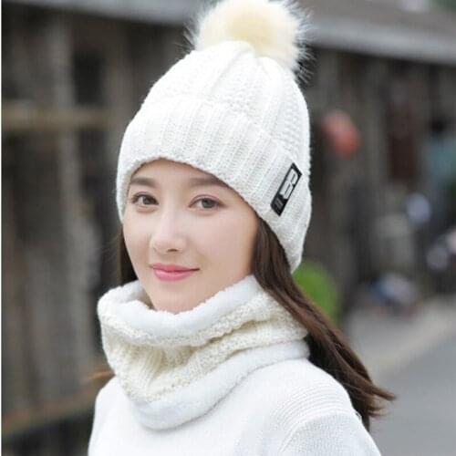 B letters knitted Hat Women Brand High Quality Winter Women Ball Ski Rabbit Fur Hat PomPoms Hats knitted scarf 2 Set