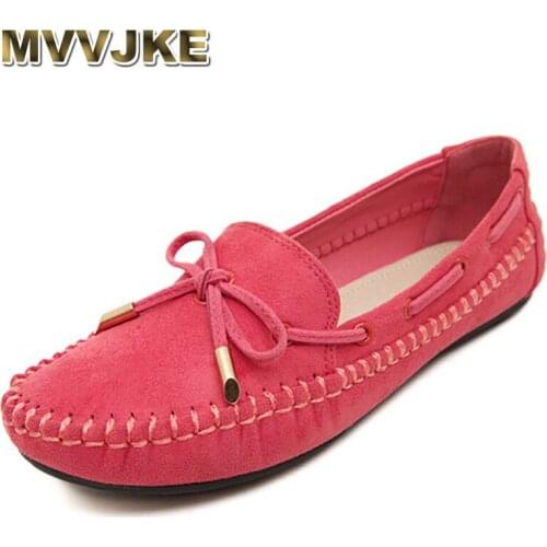 MVVJKE Womens Suede Round Toe Boat Loafer Leather Slip-on Lace Up Bowknot Flats Driving Shoes Big Size
