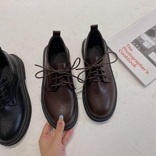 Leather shoes womens English style lace flat shoes 2020 autumn new college wind Joker students thick-soled womens shoes