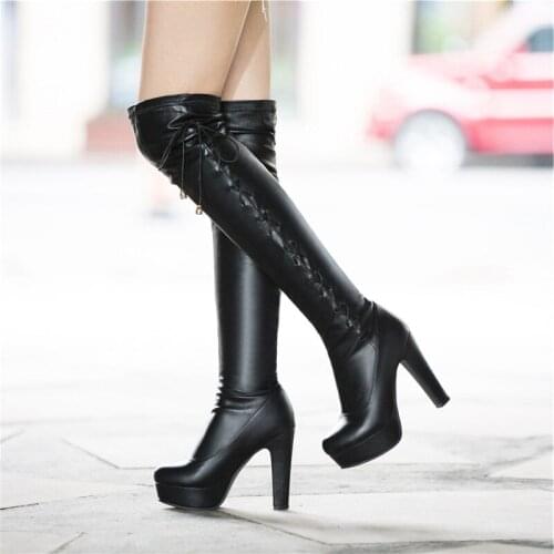 Platform Square Heel Women Over the Knee Boot Fashion Cross Tied Zipper Women Long Boots 2020 Winter Women Boots Black White