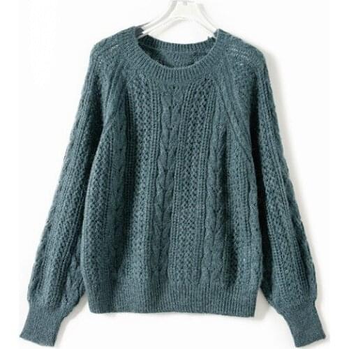 Women Mohair Wool Autumn And Winter 2020 Hollow Out Fancy Crochet Knit Crew Neck Sweater Top