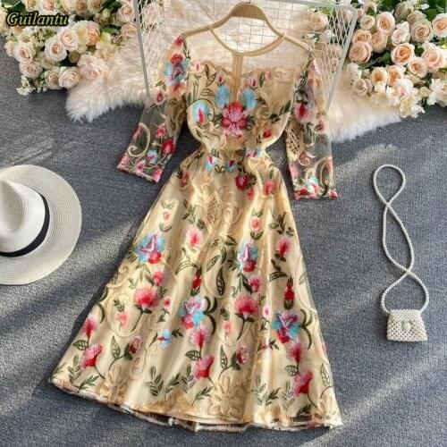 Guilantu Mesh Embroidery Floral Office Dress Women Elegant Evening Party Long Dresses Summer Plus Size Slim Robe Longue Femme
