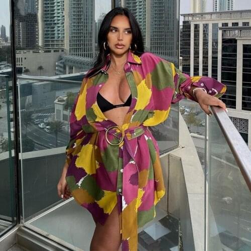 Long Sleeve Shirt Dress Women 2021 Summer Autumn Color-Block Lapel V Neck Mini Dress Casual Elegant Sexy Dresses Female Harajuku