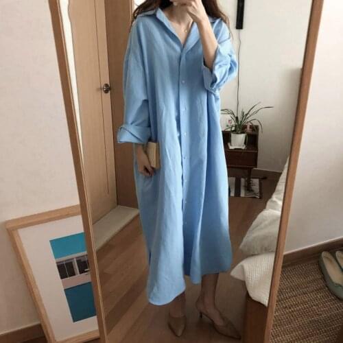 2021 Autumn Long Maxi Dresses Women Button Down Shirt Dress Split Vestido Robe Vintag Long Sleeve Cotton Dress Oversized
