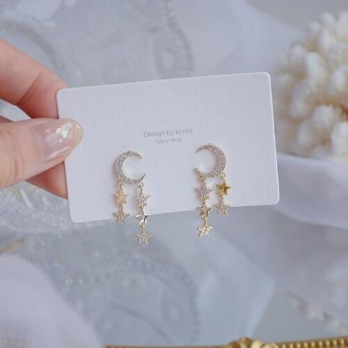 14k Real Gold Fashion Jewelry Crystal Moon Star Exquisite Shiny Stud Earrings for Woman Holiday Party Elegant Zircon Earring