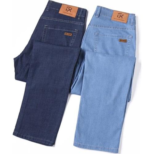 2021 Summer Brand Lyocell Straight Loose Lightweight Jeans Classic Style Business Smart Casual Mens Thin Stretch Jeans Blue