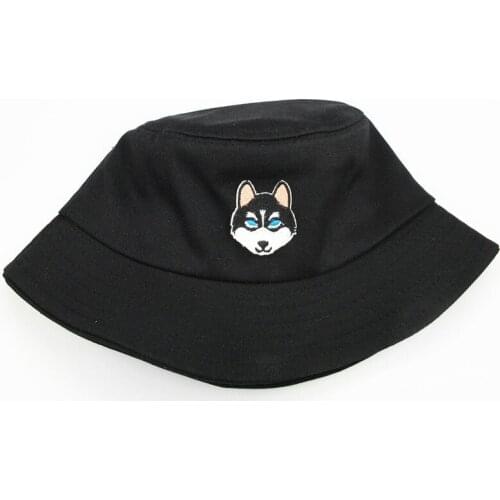 2021 Cartoon Wolf Dog Embroidery Cotton Bucket Hat Fisherman Hat Outdoor Travel Hat Sun Cap Hats for Men and Women 156