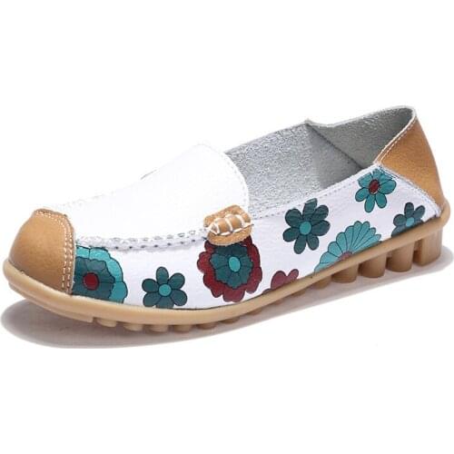 Cow Muscle Ballet Summer Flower Print Women Genuine Leather Shoes Woman Flat Flexible Nurse Peas Loafer Flats Appliquesm