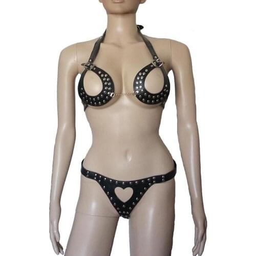 Women Studded Faux Leather Cupless Body Harness Bra Bikini Set Heart Shape G-String Mistress Fetish Costume
