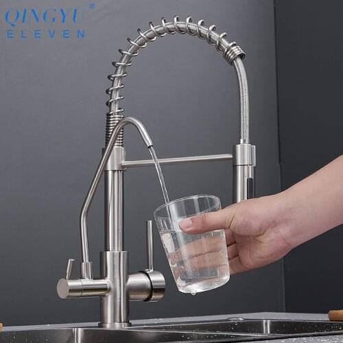 QINGYU ELEVEN Brass Kitchen Faucets Pull Down Hot Cold Water Filter Mixer Tap for Kitchen Three Ways Sink Mixer Kitchen Faucet