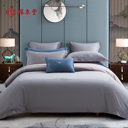 Caiyitang 4 pieces smooth soft silk like bedding set propitious clouds embroidery bed sheet blue luxurious bed sheet cover