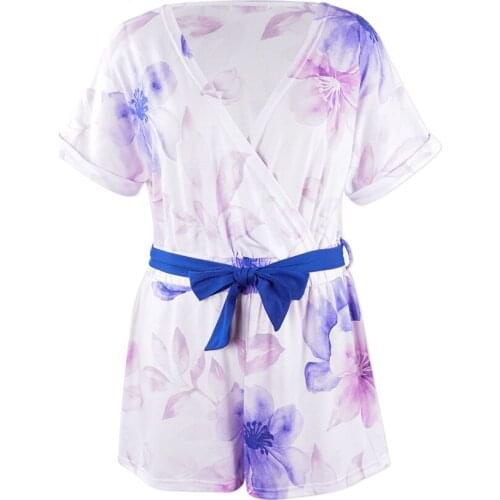 Neatie kiddie Fashion Lady Summer Floral Print Women Rompers Onesies Sleepwear V-neck Short Sleeve Sashes Sexy Romper
