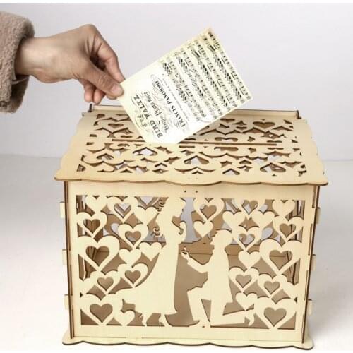 DIY Wedding Gift Bride Groom Wooden Card Money Box Case With Lock Rustic Beautiful Birthday Party Favors Decoration Supplies