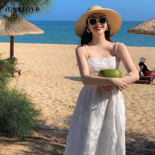 JuneLove Summer Elegant Strap Dress Vintage Princess Kawaii France Sweet Sexy Fairy Dress Casual Puff Sleeve Beach Party Dress
