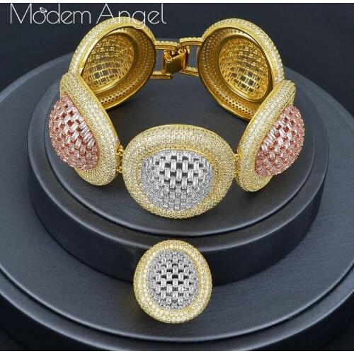 ModemAngel Luxury Ball Ball Jewelry Gold White Color Cubic Zirconia Ring and Bracelet Sets for Women Wedding Party Jewelry