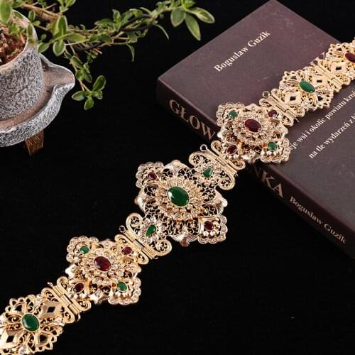 Morocco Belt Arab Dubai Fashion Bridal Belt Chain Green Red Diamond Long Sleeve Belt Wedding Gold Jewelry Metal Belt Chain