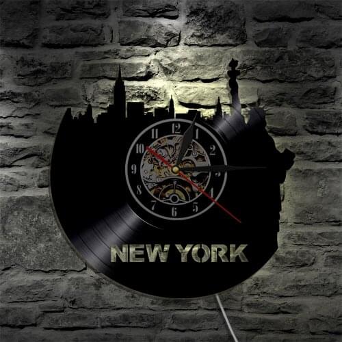 New York Wall Art Clock Minimalist Travel City Vintage Vinyl Record Clock with LED Light Home Decor Statue of Liberty Souvenir