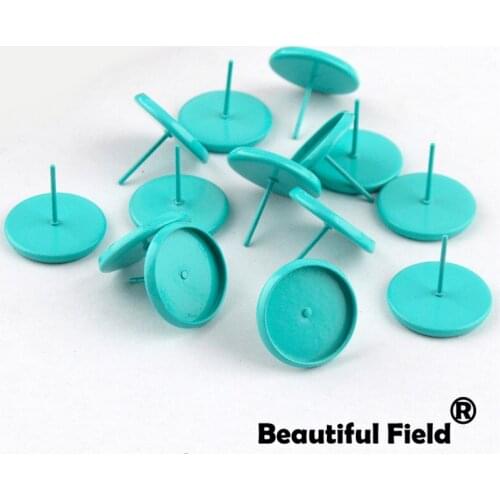 20pcs Fit 12mm Cabochons Earrings Base Ear Setting Colorful Plated Round Cameo Base Blank Tray Bright Blue With Plug