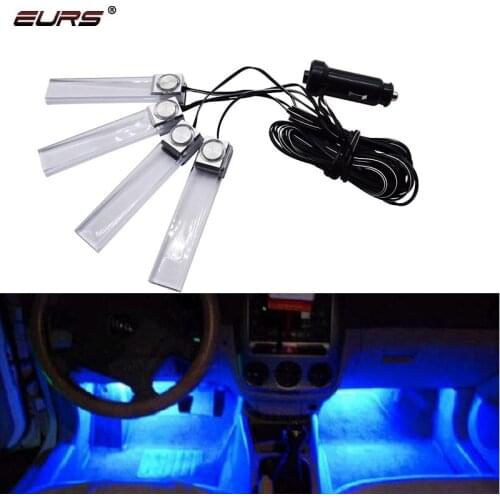 EURS 4x Car Atmosphere Light Foot Light blue / RGB Cigarette Lighter Interior Decorative Ambient LED Lamp Strip Accessories