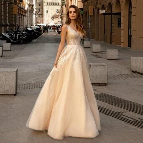 SoDigne Champagne Tulle Boho Wedding Dress A-Line Shiny Lace Appliques Bridal Gown Plus Size Princess Wedding Gowns