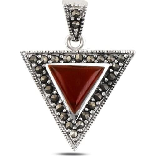 Silver 925 Sterling Red Agate & Marcasite Pendant