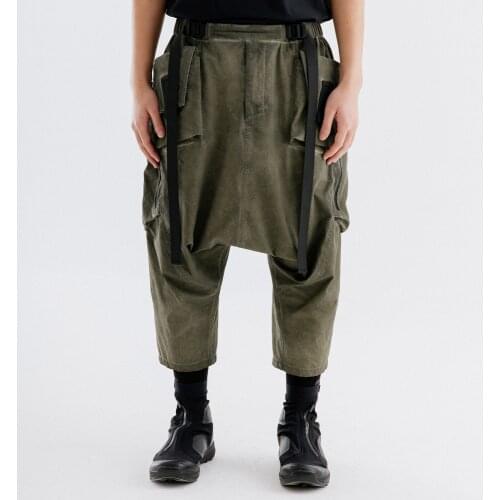 Nosucism samurai green pants drop crotch 3d pockets ankle length techwear ninjawear darkwear japanese streetstyle