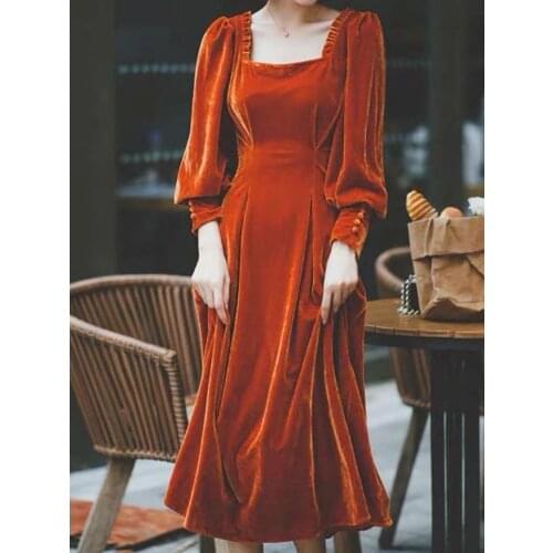 Womens Cross Mirror French Style Dress Autumn 2020 Vintage Long Sleeve Square Collar Bottom Golden Velvet Dress For Women