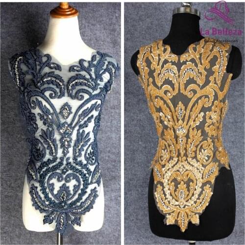 La Belleza gold/black beaded beautiful large piece handmade pearls crystal Rhinestone patch wedding dress applique accessories