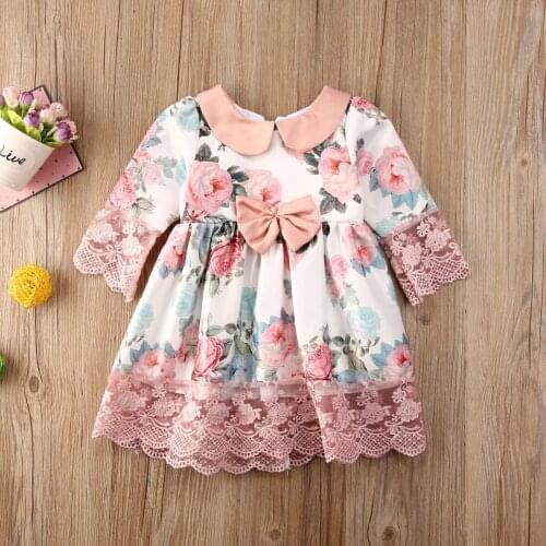 2021 Spring Fall Girls Dress Kids Baby Long Sleeve Doll Collar Lace Tutu Dress Child Princess Party Wedding Dresses 0-5Y