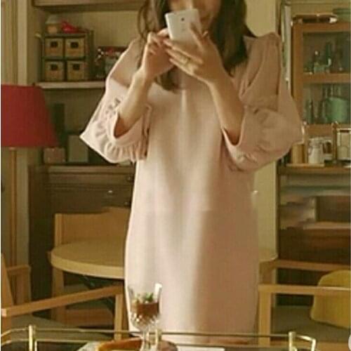 Kuzuwata Japanese Women Robes 2021 Autumn Vestidos O Neck Patchwork Gauze Three Quarter Puff Sleeves Loose Knee Length Dresses