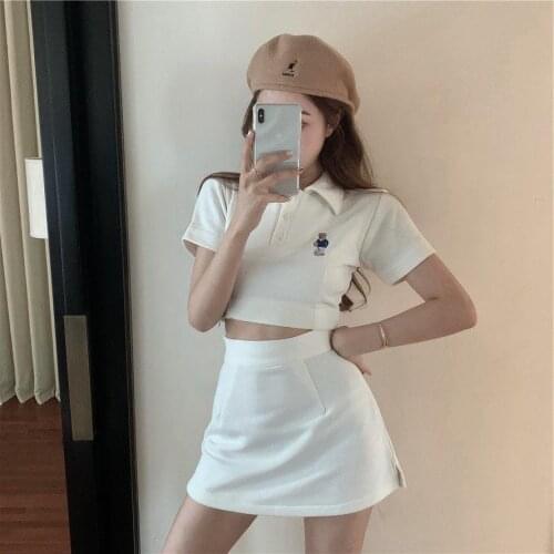 EasyGarment 2021 Summer Dress Suit Womens Fashion Stylish New Two-Piece Short Polo T-shirt High Waist Sheath Skirt Women Suit