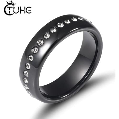 Classic Black White Ceramic Ring With One Row CZ Crystal Wedding Engagement Rings For Women Elegant Jewelry Party Accessories