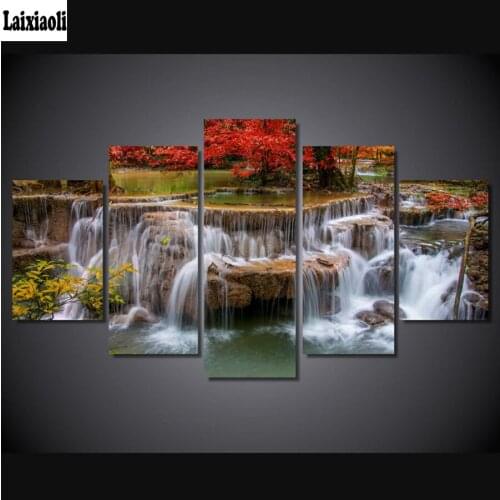 Red Maple Tree Lake Waterfall 5D DIY Diamond Painting cross stitch diamond Mosaic Diamond Embroidery Needlework Decorative 5pcs