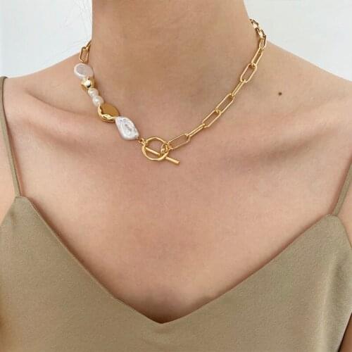 Lifefontier Vintage Geometric Pearls Choker Metal Chain Necklace for Women Gold Color Asymmetric Chain Necklace Jewelry 2021