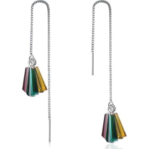 LUKENI Fashion Crystal Colorful Sector Female Tassel Long Earrings Jewelry Charm 925 Sterling Silver Earrings Girl Wedding Bijou