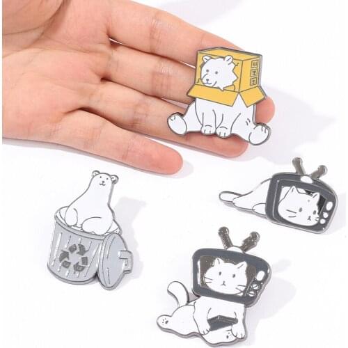 Cartoon Animal Bear Brooch Funny Cat Lapel Badge Tv Box Recyclable Trash Bin Enamel Pin Collar Hat Bag Decoration