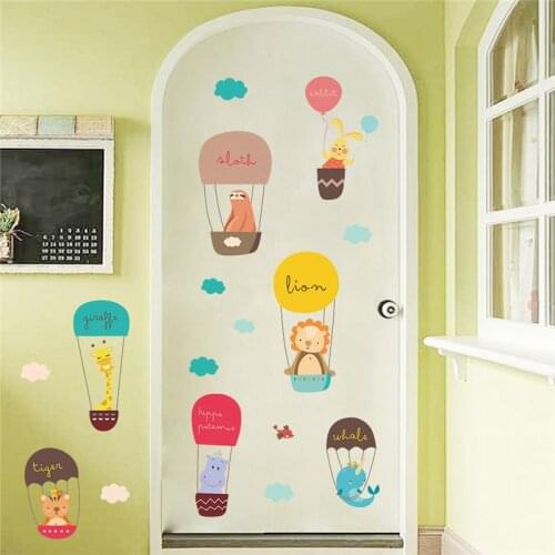 Cartoon Animals By Hot Air Balloon Wall Stickers For Kindergarten Kids Room Home Decoration Diy Safari Mural Art Pvc Wall Decals