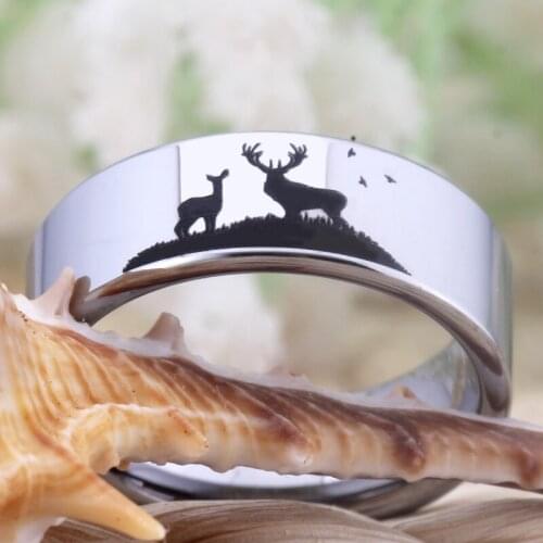 Mens Silver Tungsten Hunting Ring Wedding Band Deer Stag Silhouette Design Deer Family Tungsten Rings Comfort Fit Drop Shipping