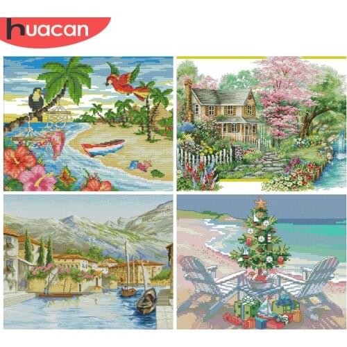 HUACAN Cross Stitch Scenery Kits Embroidery Seascape White Canvas Sets Home Decoration Needlework 11CT 14CT DIY Gift