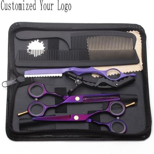 Suit 5.5" 16cm C1104 Purple Customized Logo Barber Makas Cutting Scissors Thinning Shears Professional Hair Scissors Set of Tool