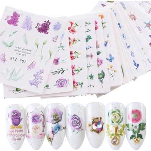 24 Pcs Spring Water Nail Decal And Sticker Flower Leaf Tree Green Simple Summer DIY Slider For Manicuring Nail Art Watermark